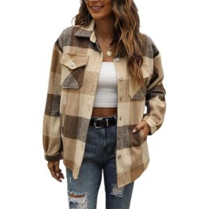 imageTanming Womens Flannel Plaid Shacket Wool Blend Button Down Shirt Fall Fashion JacketBrown