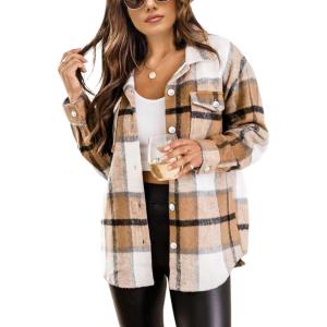 imageTanming Womens Flannel Plaid Shacket Wool Blend Button Down Shirt Fall Fashion JacketKhaki
