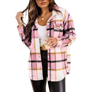 imageTanming Womens Flannel Plaid Shacket Wool Blend Button Down Shirt Fall Fashion JacketPink