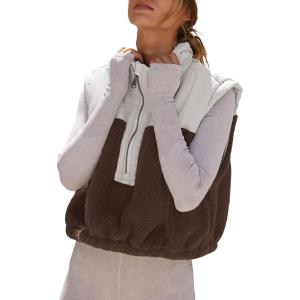 imageTanming Womens Fuzzy Sherpa Fleece Vest Lightweight Cozy Sleeveless Gilet Half Zip Pullover Waistcoat with PocketBrown