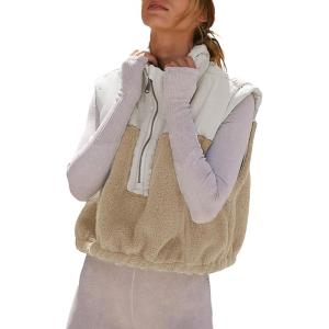 imageTanming Womens Fuzzy Sherpa Fleece Vest Lightweight Cozy Sleeveless Gilet Half Zip Pullover Waistcoat with PocketKhaki