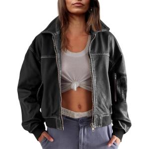 imageTanming Womens Leather Jacket Fall Fashion Motorcycle Biker Bomber Jacket Zip Up Winter Coat OuterwearBlack