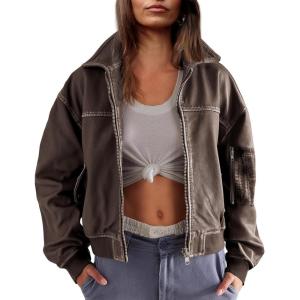 imageTanming Womens Leather Jacket Fall Fashion Motorcycle Biker Bomber Jacket Zip Up Winter Coat OuterwearCoffee