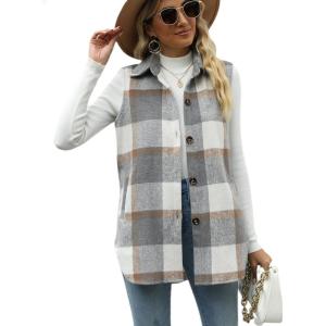 imageTanming Womens Plaid Vest Brushed Flannel Sleeveless Shacket Shirt Jacket with PocketsGrey