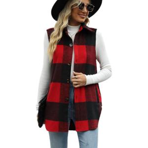 imageTanming Womens Plaid Vest Brushed Flannel Sleeveless Shacket Shirt Jacket with PocketsRedblack