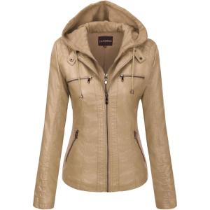 imageTanming Womens Removable Hooded Faux Leather JacketsApricot