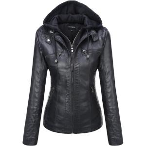imageTanming Womens Removable Hooded Faux Leather JacketsBlack
