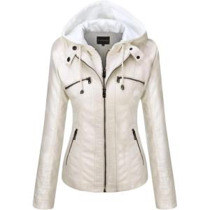 imageTanming Womens Removable Hooded Faux Leather JacketsCream White