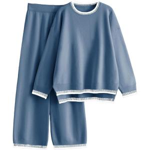 imageTanming Womens Sweater Sets 2 Piece Outfits Knitted Pullover Jumper and Wide Leg Pants TracksuitBlue