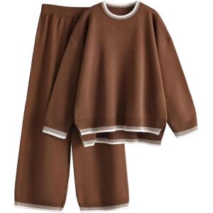 imageTanming Womens Sweater Sets 2 Piece Outfits Knitted Pullover Jumper and Wide Leg Pants TracksuitDark Brown