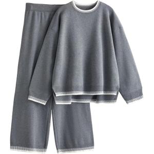 imageTanming Womens Sweater Sets 2 Piece Outfits Knitted Pullover Jumper and Wide Leg Pants TracksuitGrey