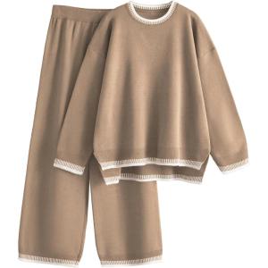 imageTanming Womens Sweater Sets 2 Piece Outfits Knitted Pullover Jumper and Wide Leg Pants TracksuitKhaki