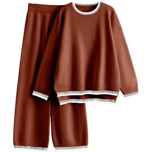 imageTanming Womens Sweater Sets 2 Piece Outfits Knitted Pullover Jumper and Wide Leg Pants TracksuitRust