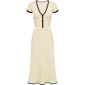 imageTanming Womens Two Piece Skirt Set Casual Short Sleeve Crop Top Ribbed Knit Midi Pleated SkirtBeige