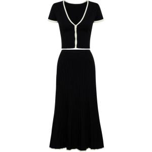 imageTanming Womens Two Piece Skirt Set Casual Short Sleeve Crop Top Ribbed Knit Midi Pleated SkirtBlack