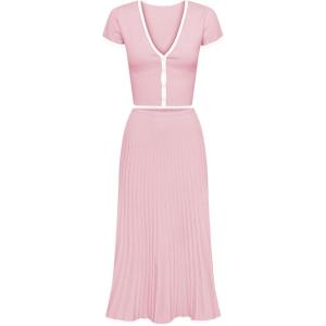 imageTanming Womens Two Piece Skirt Set Casual Short Sleeve Crop Top Ribbed Knit Midi Pleated SkirtPink