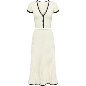 imageTanming Womens Two Piece Skirt Set Casual Short Sleeve Crop Top Ribbed Knit Midi Pleated SkirtWhite