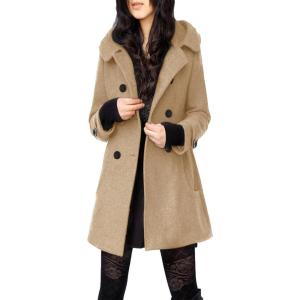 imageTanming Womens Warm Double Breasted Wool Pea Coat Trench Coat Jacket with HoodKhaki