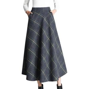 imageTanming Womens Winter Warm Elastic Waist Wool Plaid ALine Pleated Long SkirtBlue Grey