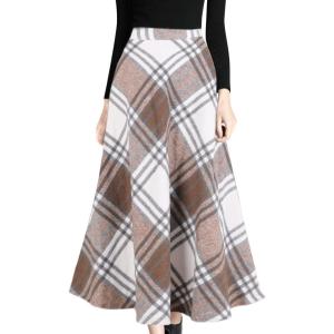 imageTanming Womens Winter Warm Elastic Waist Wool Plaid ALine Pleated Long SkirtCoffee