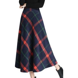 imageTanming Womens Winter Warm Elastic Waist Wool Plaid ALine Pleated Long SkirtDark Blue