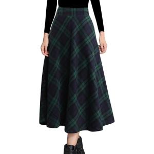 imageTanming Womens Winter Warm Elastic Waist Wool Plaid ALine Pleated Long SkirtGreen2