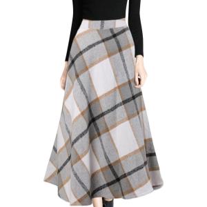 imageTanming Womens Winter Warm Elastic Waist Wool Plaid ALine Pleated Long SkirtLight Grey