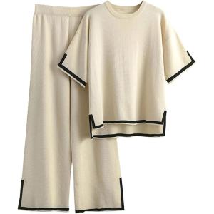 imageTanming Sweater Sets Women 2 Piece Lounge Sets Short Sleeve Knit Pullover Tops Wide Leg PantsApricot