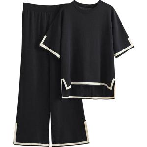 imageTanming Sweater Sets Women 2 Piece Lounge Sets Short Sleeve Knit Pullover Tops Wide Leg PantsBlack