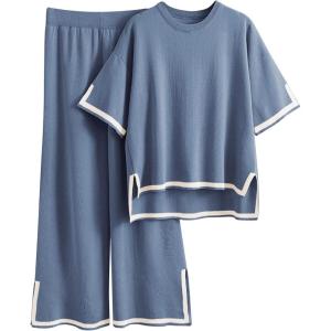 imageTanming Sweater Sets Women 2 Piece Lounge Sets Short Sleeve Knit Pullover Tops Wide Leg PantsBlue