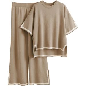 imageTanming Sweater Sets Women 2 Piece Lounge Sets Short Sleeve Knit Pullover Tops Wide Leg PantsDark Khaki