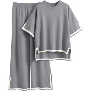 imageTanming Sweater Sets Women 2 Piece Lounge Sets Short Sleeve Knit Pullover Tops Wide Leg PantsGrey