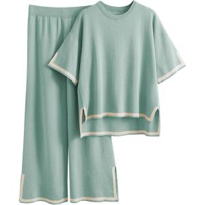 imageTanming Sweater Sets Women 2 Piece Lounge Sets Short Sleeve Knit Pullover Tops Wide Leg PantsGrey Green