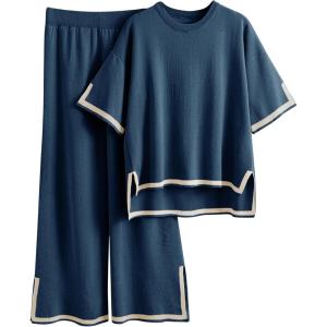 imageTanming Sweater Sets Women 2 Piece Lounge Sets Short Sleeve Knit Pullover Tops Wide Leg PantsNavy