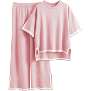 imageTanming Sweater Sets Women 2 Piece Lounge Sets Short Sleeve Knit Pullover Tops Wide Leg PantsPink