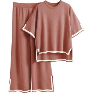 imageTanming Sweater Sets Women 2 Piece Lounge Sets Short Sleeve Knit Pullover Tops Wide Leg PantsRust