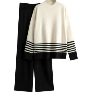 imageTanming Womens Lounge Sets 2 Piece Outfits Knitted Pullover Sweater Tops Wide Leg Pants TracksuitBlack