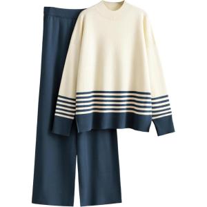 imageTanming Womens Lounge Sets 2 Piece Outfits Knitted Pullover Sweater Tops Wide Leg Pants TracksuitNavy