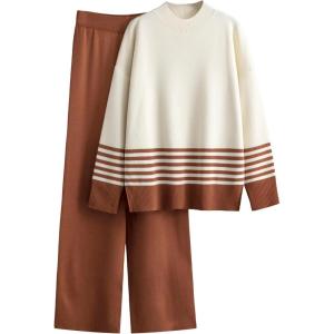 imageTanming Womens Lounge Sets 2 Piece Outfits Knitted Pullover Sweater Tops Wide Leg Pants TracksuitRust
