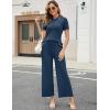 imageTanming Two Piece Sets for Women Short Sleeve Polo Neck Tops Casual Lounge Set Wide Leg Pants Set TracksuitNavy