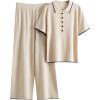 imageTanming Two Piece Sets for Women Short Sleeve Polo Neck Tops Casual Lounge Set Wide Leg Pants Set TracksuitApricot