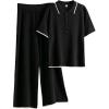 imageTanming Two Piece Sets for Women Short Sleeve Polo Neck Tops Casual Lounge Set Wide Leg Pants Set TracksuitBlack
