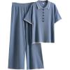 imageTanming Two Piece Sets for Women Short Sleeve Polo Neck Tops Casual Lounge Set Wide Leg Pants Set TracksuitBlue