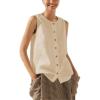 imageTanming Womens Cotton Linen Suit Vest Summer Casual Sleeveless Button Down Tank Tops Fashion Work WaistcoatApricot