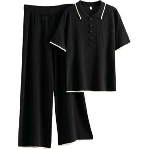 imageTanming Two Piece Sets for Women Short Sleeve Polo Neck Tops Casual Lounge Set Wide Leg Pants Set TracksuitBlack