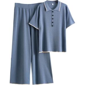 imageTanming Two Piece Sets for Women Short Sleeve Polo Neck Tops Casual Lounge Set Wide Leg Pants Set TracksuitBlue