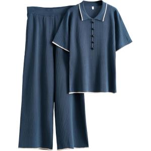 imageTanming Two Piece Sets for Women Short Sleeve Polo Neck Tops Casual Lounge Set Wide Leg Pants Set TracksuitNavy