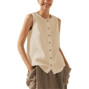 imageTanming Womens Cotton Linen Suit Vest Summer Casual Sleeveless Button Down Tank Tops Fashion Work WaistcoatApricot