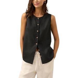 imageTanming Womens Cotton Linen Suit Vest Summer Casual Sleeveless Button Down Tank Tops Fashion Work WaistcoatBlack