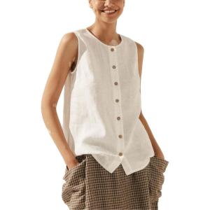 imageTanming Womens Cotton Linen Suit Vest Summer Casual Sleeveless Button Down Tank Tops Fashion Work WaistcoatWhite